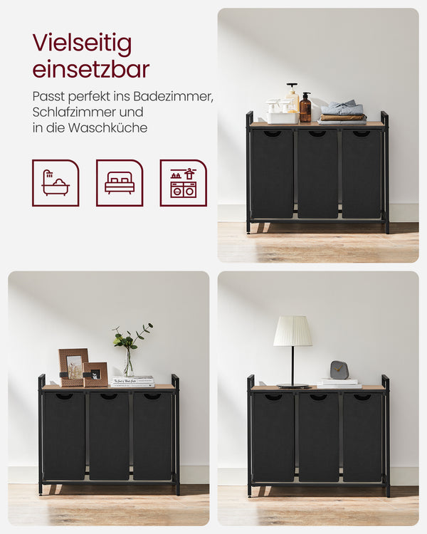 Frankfurt vasketøjskurv med hylde | 3 rum, 114 L - Rustik brun/sort