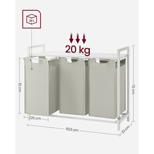 Frankfurt vasketøjskurv med hylde | 3 rum, 114 L - Hvid