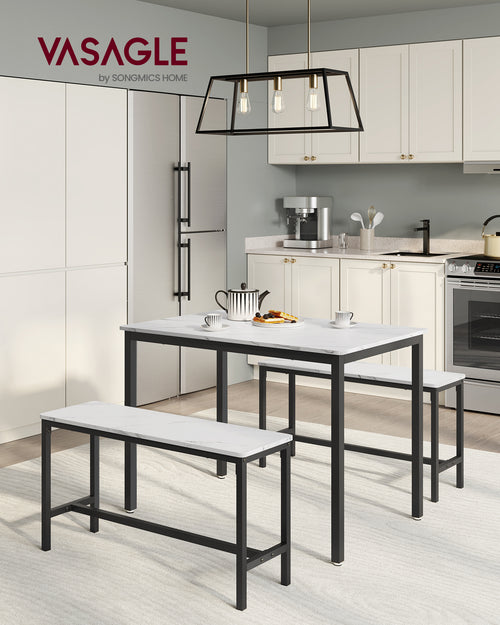 Madrid spisebord og 2 bænke - Sort/marmorhvid