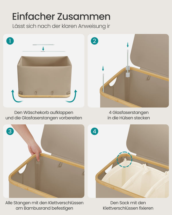 Noa vasketøjskurv | 3 rum, 150 L - Lysebrun