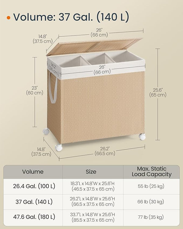 Alva vasketøjskurv | 3 rum, 140 L - Beige/hvid