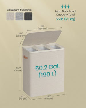 Leni vasketøjskurv | 3 rum, 190 L - Beige