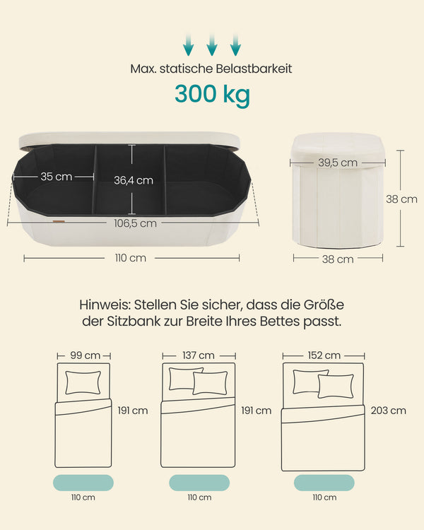 Nola puf med opbevaring | 110 L - Cremehvid