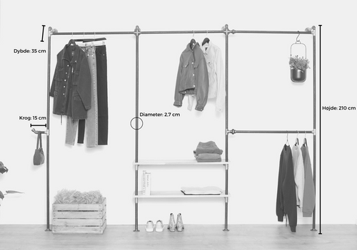 Tøjstativ OLIVIA sølv med hylder RAW58 Tøjstativer RAW58