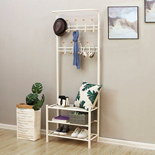 Height 187 cm metal Hall Tree Entryway Organizer Multifunctional Clothes Coat Stand Shoes Rack Hat Umbrella Bag Stand Cream HSR04W Tøjstativ Vasagle