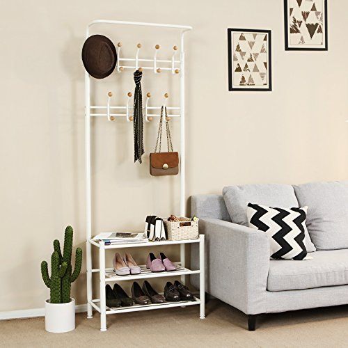 Height 187 cm metal Hall Tree Entryway Organizer Multifunctional Clothes Coat Stand Shoes Rack Hat Umbrella Bag Stand Cream HSR04W Tøjstativ Vasagle