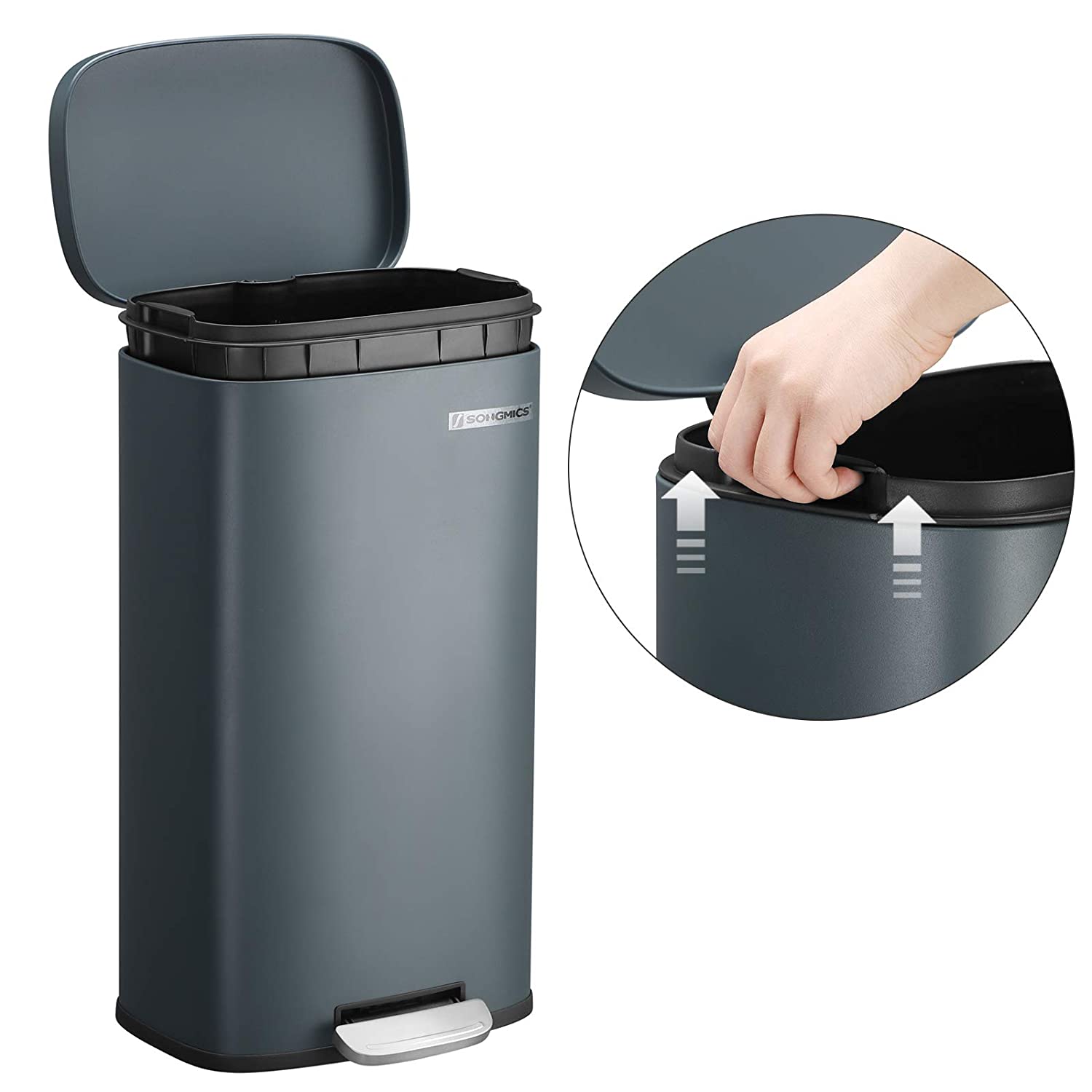 Kitchen Rubbish Bin, Pedal Trash Can 30L, with Plastic Inner Bucket, Hinged Lid, Soft Closure, Odour Proof and Hygienic, Smoky Grey LTB03GS RAW58.dk 