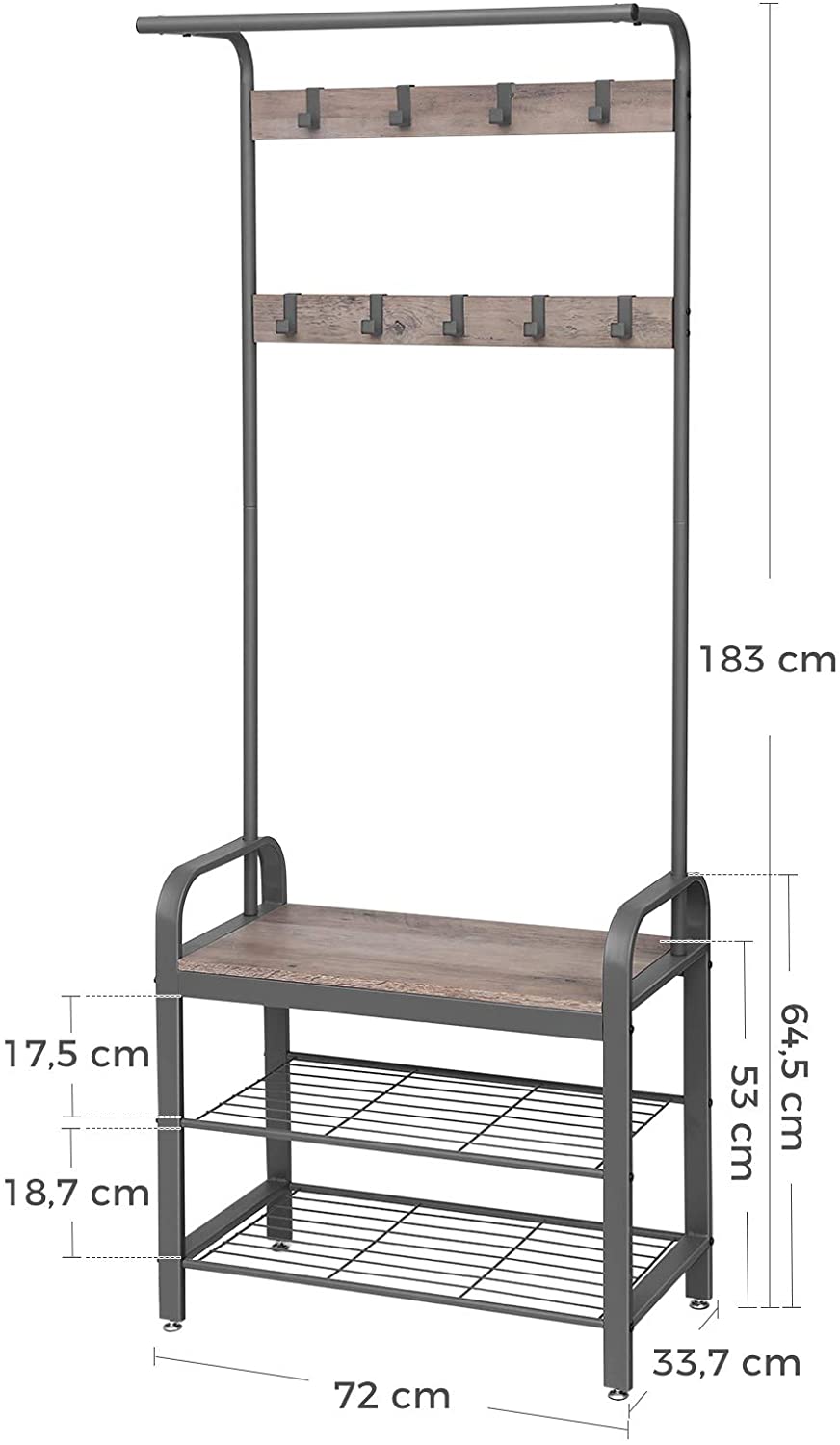 Coat Rack Stand, Hall Tree Free Standing, Coat Stand with Bench, Shoes Rack with Removable Hooks, Height 183 cm, Industrial, Grey metal Frame, Greige and Grey HSR40MG RAW58.dk 