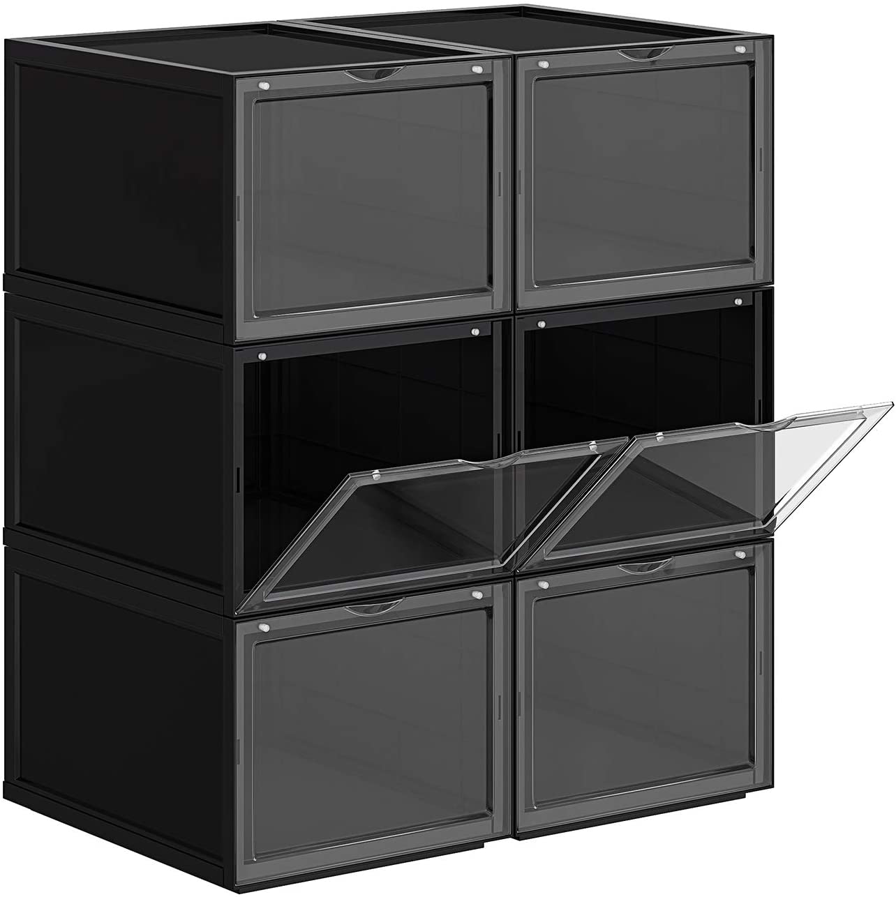 Shoe Box, Stackable Shoe Organiser, Plastic Shoe Storage with Clear Door, Easy to Assemble, Set of 6, 28 x 36 x 22 cm, Sizes up to UK 11, Black LSP06BK RAW58.dk 