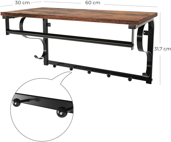 Væghylde, hylde med 5 kroge, rustik brun, sort Væghylder Vasagle 