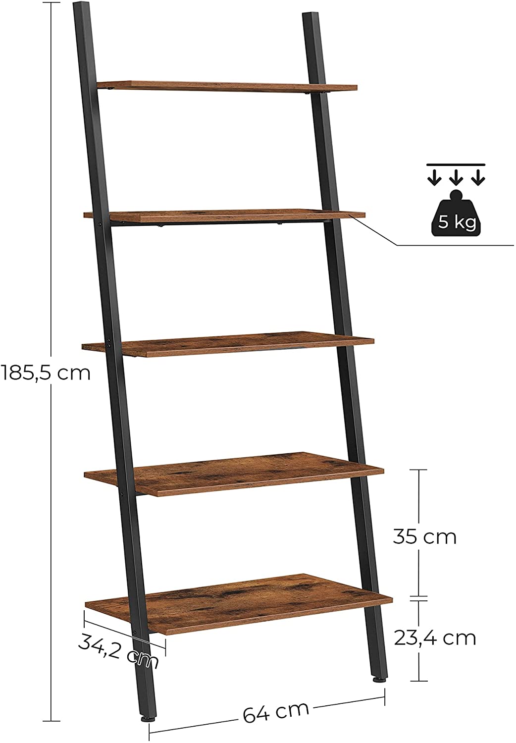 Industrial Ladder Shelf, 5-Tier Bookshelf Rack RAW58.dk 