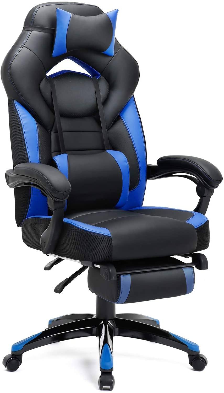 Gaming stol, kontorstol med fodstøtte, skrivebordsstol, ergonomisk design, justerbar nakkestøtte, lændestøtte, sort og blå Gaming stol Vasagle 