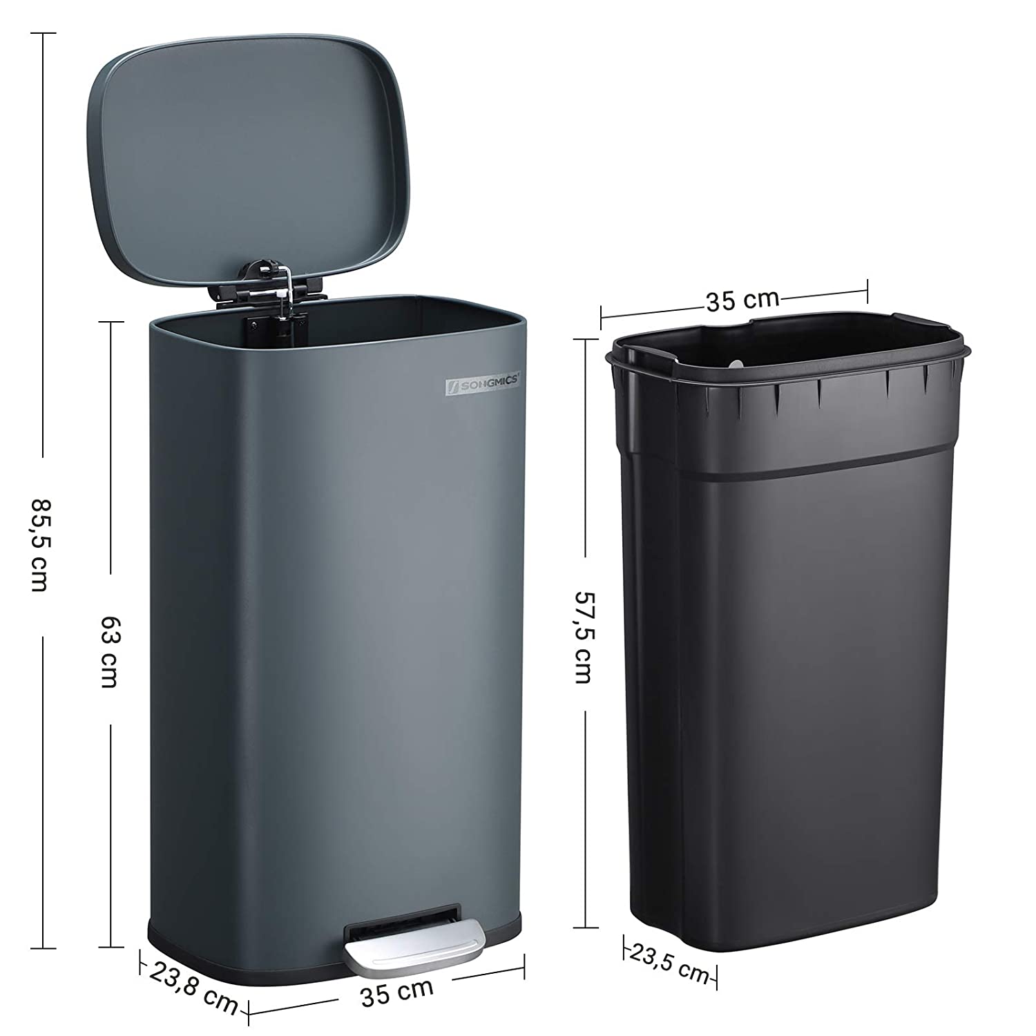 Kitchen Rubbish Bin, Pedal Trash Can 30L, with Plastic Inner Bucket, Hinged Lid, Soft Closure, Odour Proof and Hygienic, Smoky Grey LTB03GS RAW58.dk 