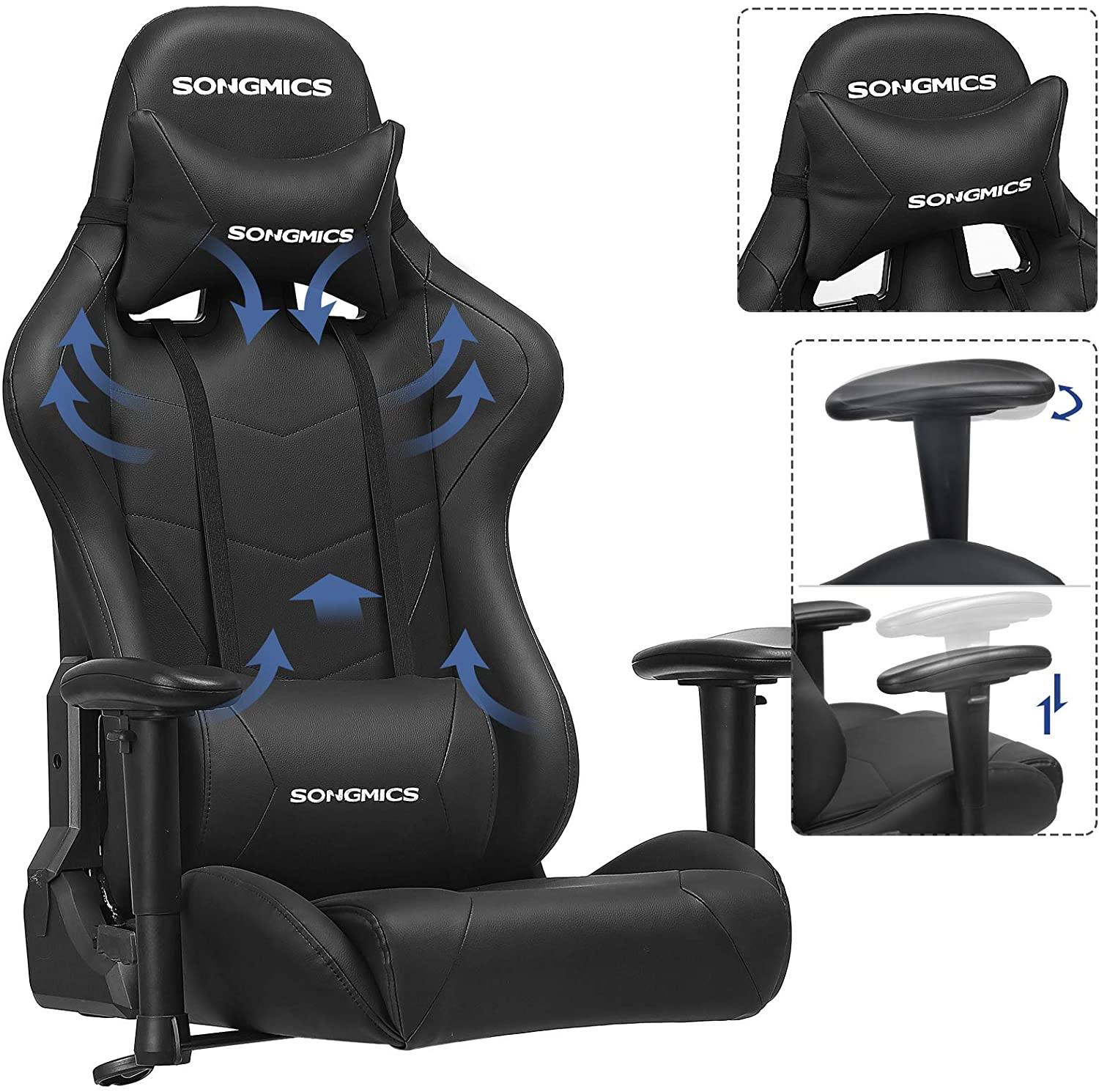 Gaming stol, ergonomisk, lændepude, stålramme, Høj ryg, Stort sæde, Justerbar højde, sort og grå Gaming stol Vasagle 