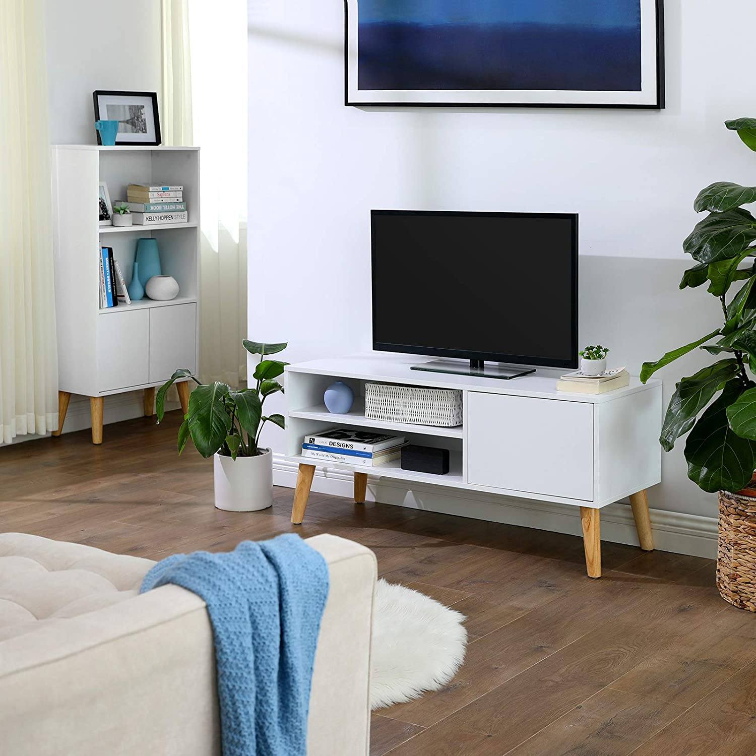 Scandinavian TV Stand, Retro TV Console, Entertainment Centre for Flat Screen TV, Gaming Consoles, in Living Room, Entertainment Room, Office, White LTV09WT RAW58.dk 