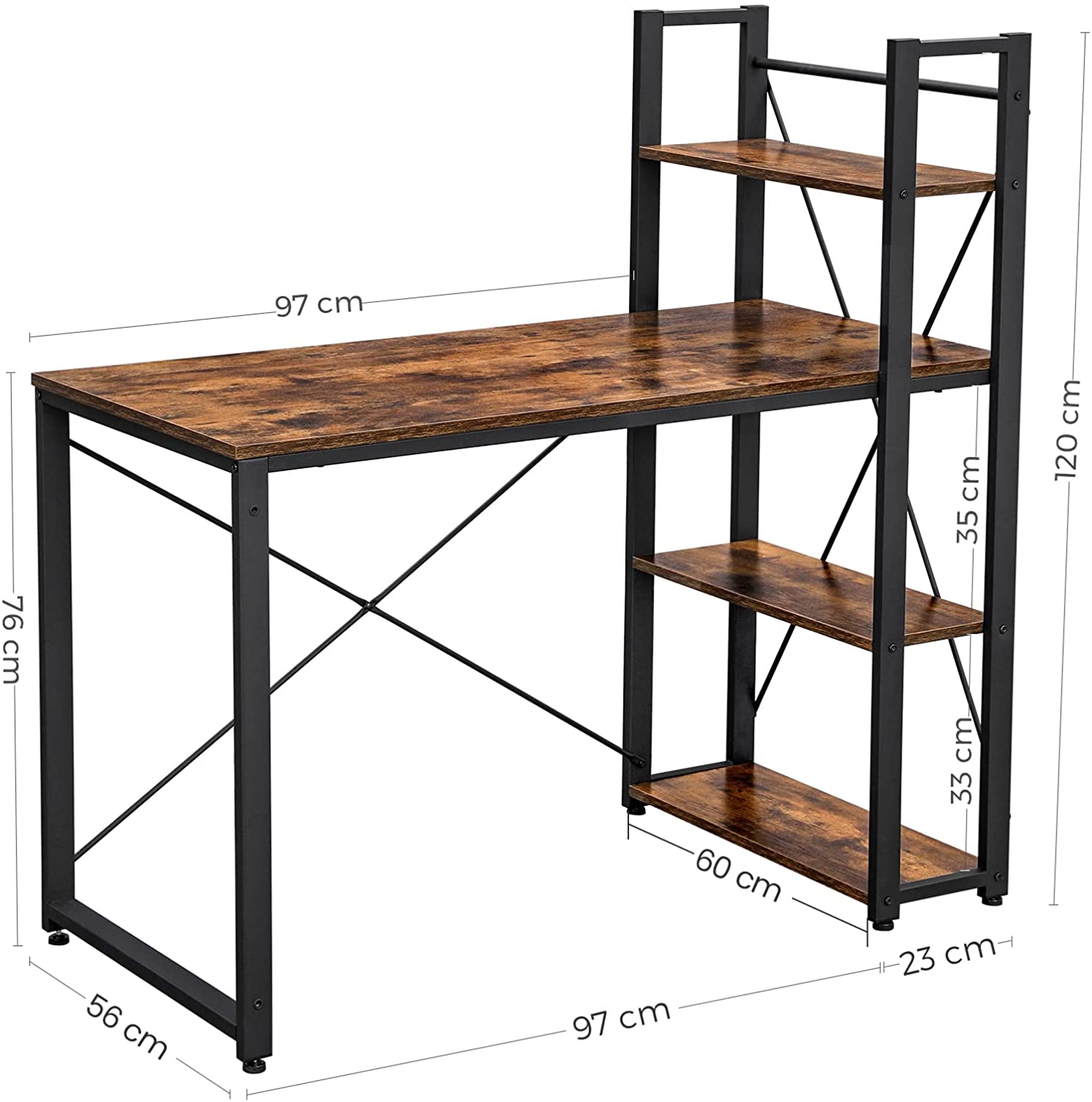 Computer Desk, 120 cm Writing Desk with Storage Shelves on Left or Right, Stable, Easy Assembly, for Home Office, Industrial Style, Rustic Brown and Black LWD48X RAW58.dk 