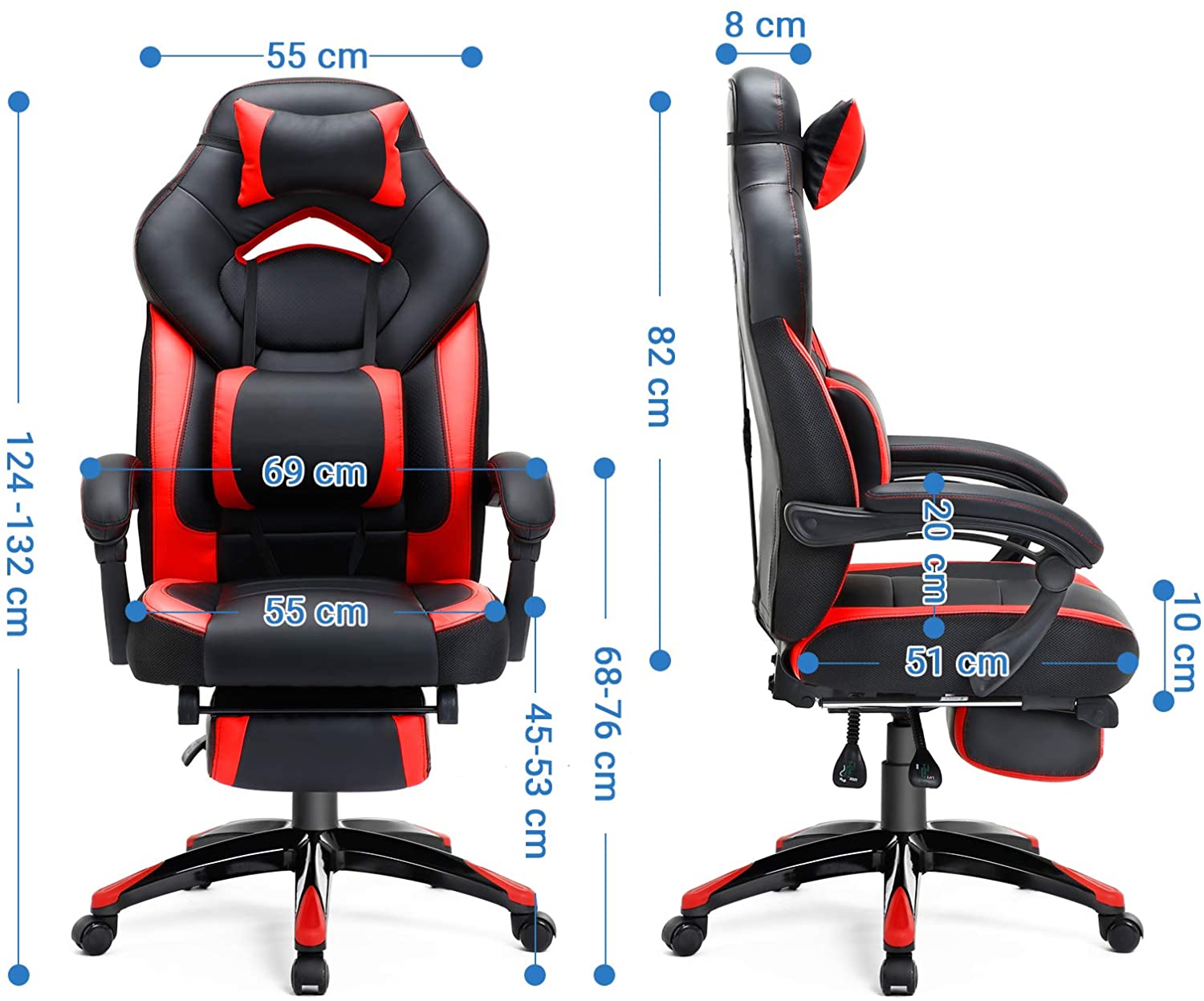 Gaming stol, kontorstole med fodstøtte, ergonomisk design, justerbar nakkestøtte, lændestøtte, sort og rød Gaming stol Vasagle 