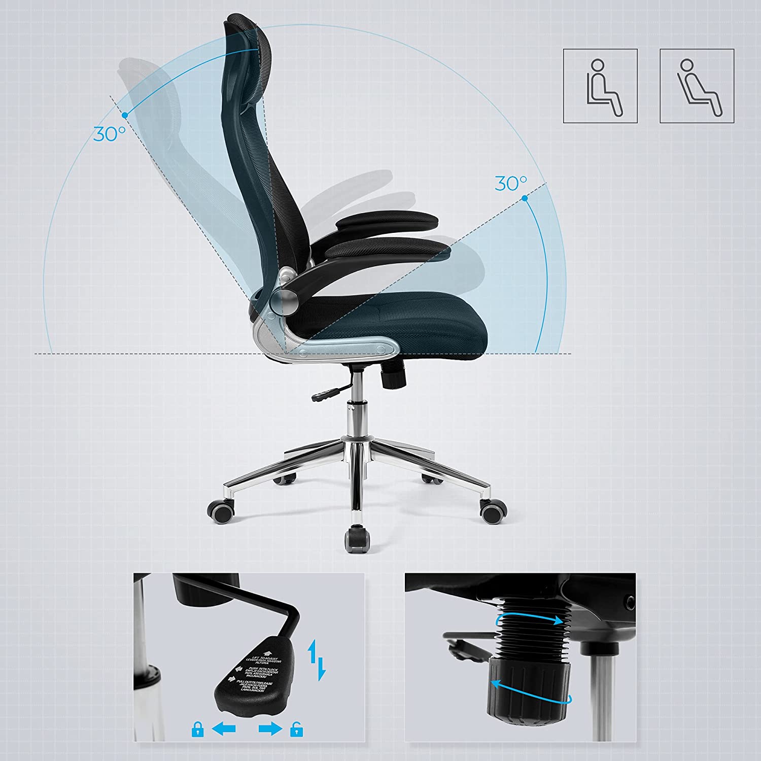 Office Swivel Chair Mesh Backrest with Headrest and Flip up Armrests Black OBN86BK RAW58.dk