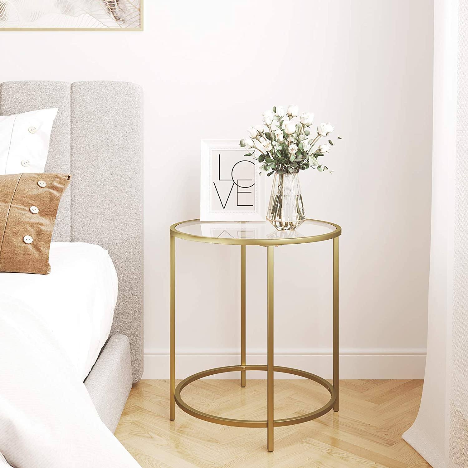 Round Side Table, Tempered Glass End Table With Golden metal Frame, Small Coffee Table, Bedside Table, Living Room, Balcony, Robust and Stable, Decorative, Gold LGT20G RAW58.dk 
