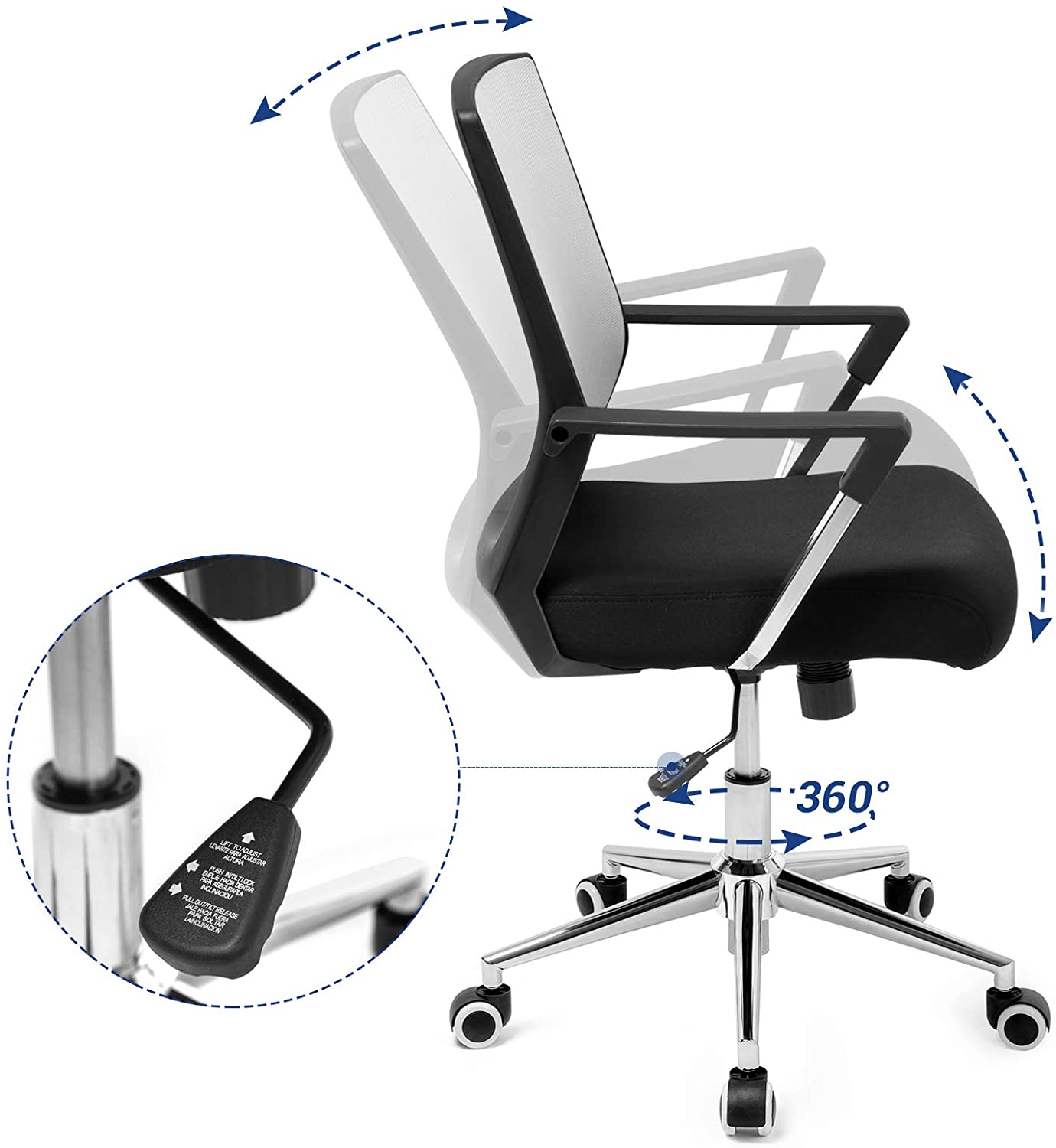 Office Swivel Chair, Mesh Desk Chair, with Chrome-Plated Steel Frame, Height Adjustable, with Tilt Function, Maks. Load Capacity: 150 kg, Grey and Black OBN83GY RAW58.dk 