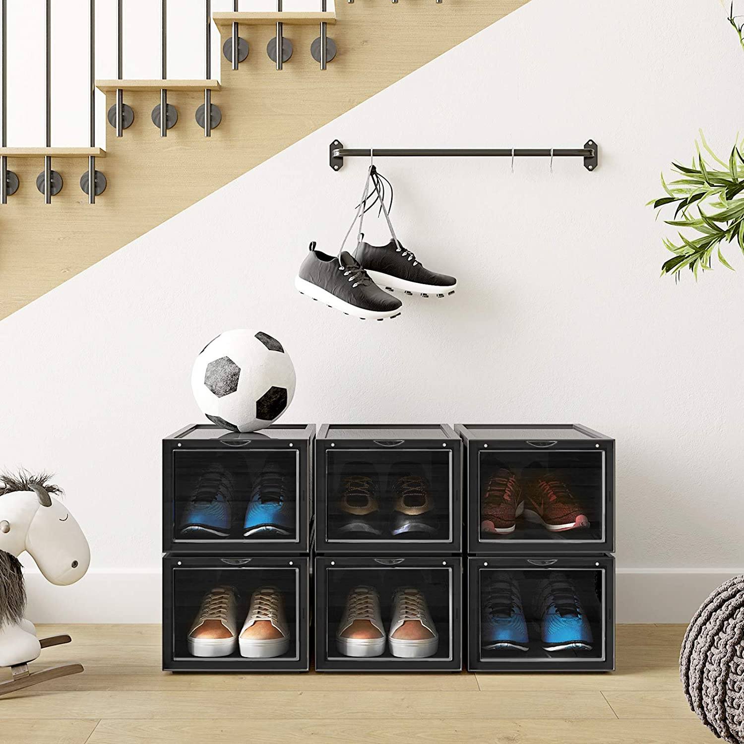 Shoe Box, Stackable Shoe Organiser, Plastic Shoe Storage with Clear Door, Easy to Assemble, Set of 6, 28 x 36 x 22 cm, Sizes up to UK 11, Black LSP06BK RAW58.dk 