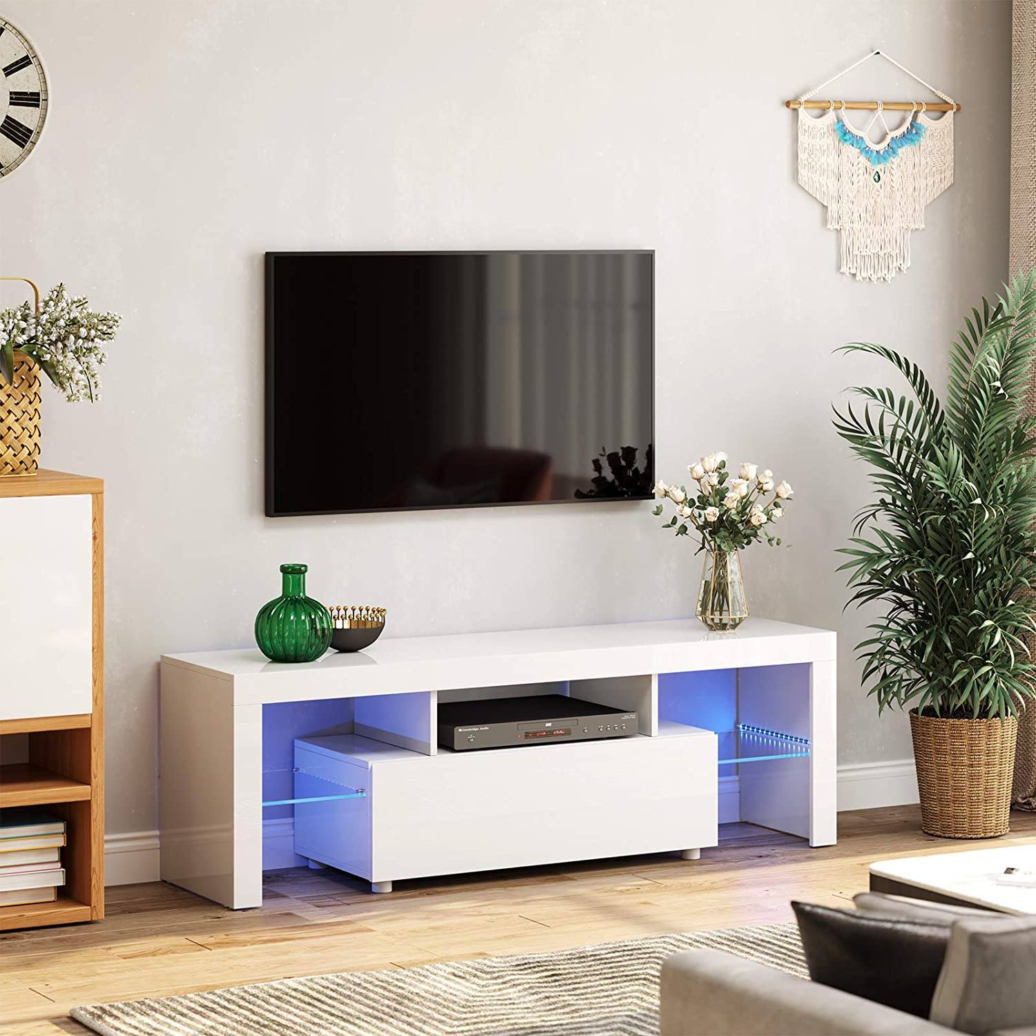 Tv-bord, med LED-belysning, blank, hvid Tv borde Vasagle 