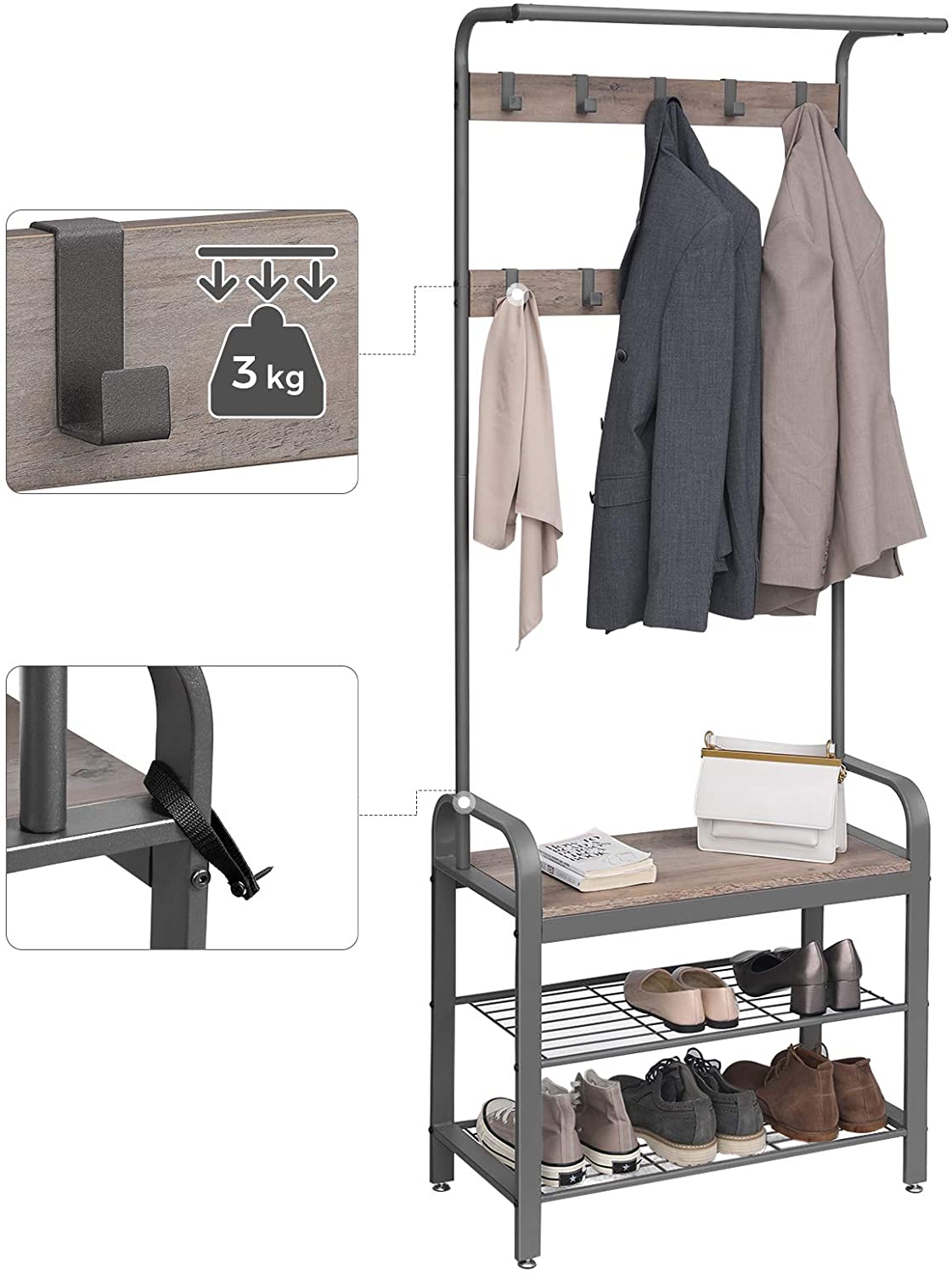 Coat Rack Stand, Hall Tree Free Standing, Coat Stand with Bench, Shoes Rack with Removable Hooks, Height 183 cm, Industrial, Grey metal Frame, Greige and Grey HSR40MG RAW58.dk 