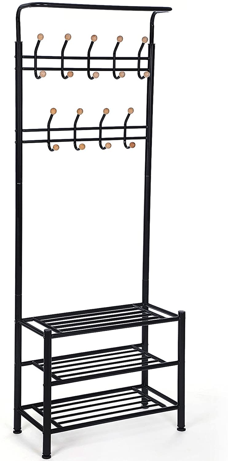 Height 187 cm metal Hall Tree Entryway Organizer Multi-purpose Clothes Coat Stand Shoes Rack Hat Umbrella Bag Stand Black HSR04B RAW58.dk