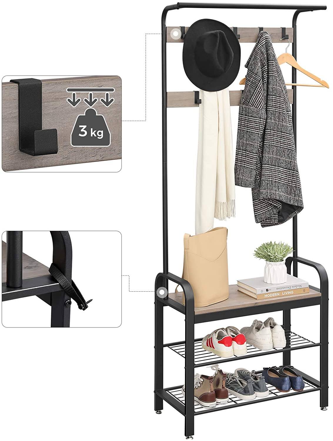 Coat Rack Stand, Hall Tree Free Standing, Coat Stand with Bench, Shoes Rack with Removable Hooks, Height 183 cm, metal, Industrial, Greige and Black HSR40MB RAW58.dk 