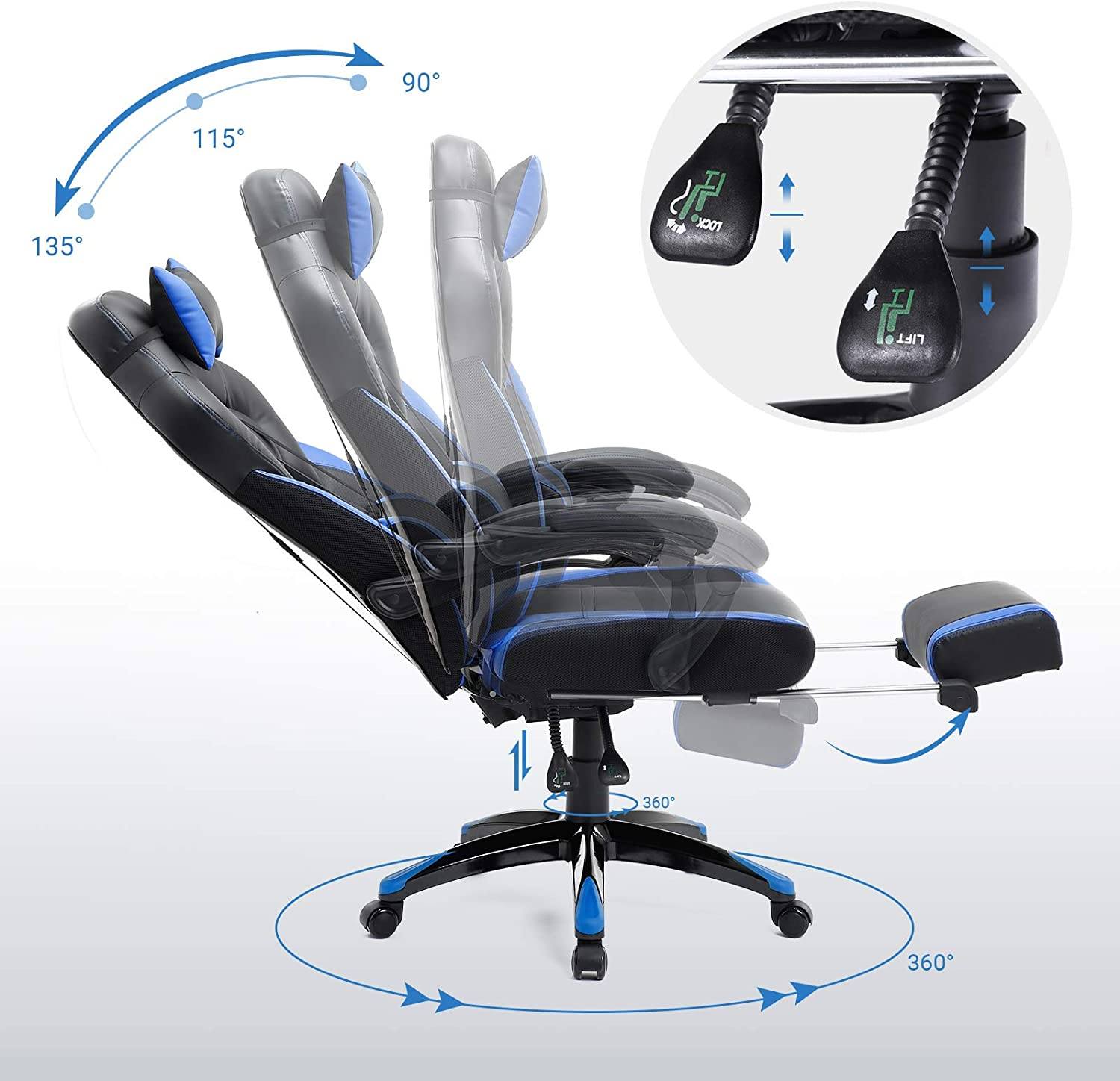 Gaming stol, kontorstol med fodstøtte, skrivebordsstol, ergonomisk design, justerbar nakkestøtte, lændestøtte, sort og blå Gaming stol Vasagle 