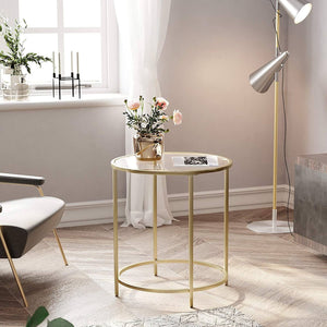 Round Side Table, Tempered Glass End Table With Golden metal Frame, Small Coffee Table, Bedside Table, Living Room, Balcony, Robust and Stable, Decorative, Gold LGT20G RAW58.dk 