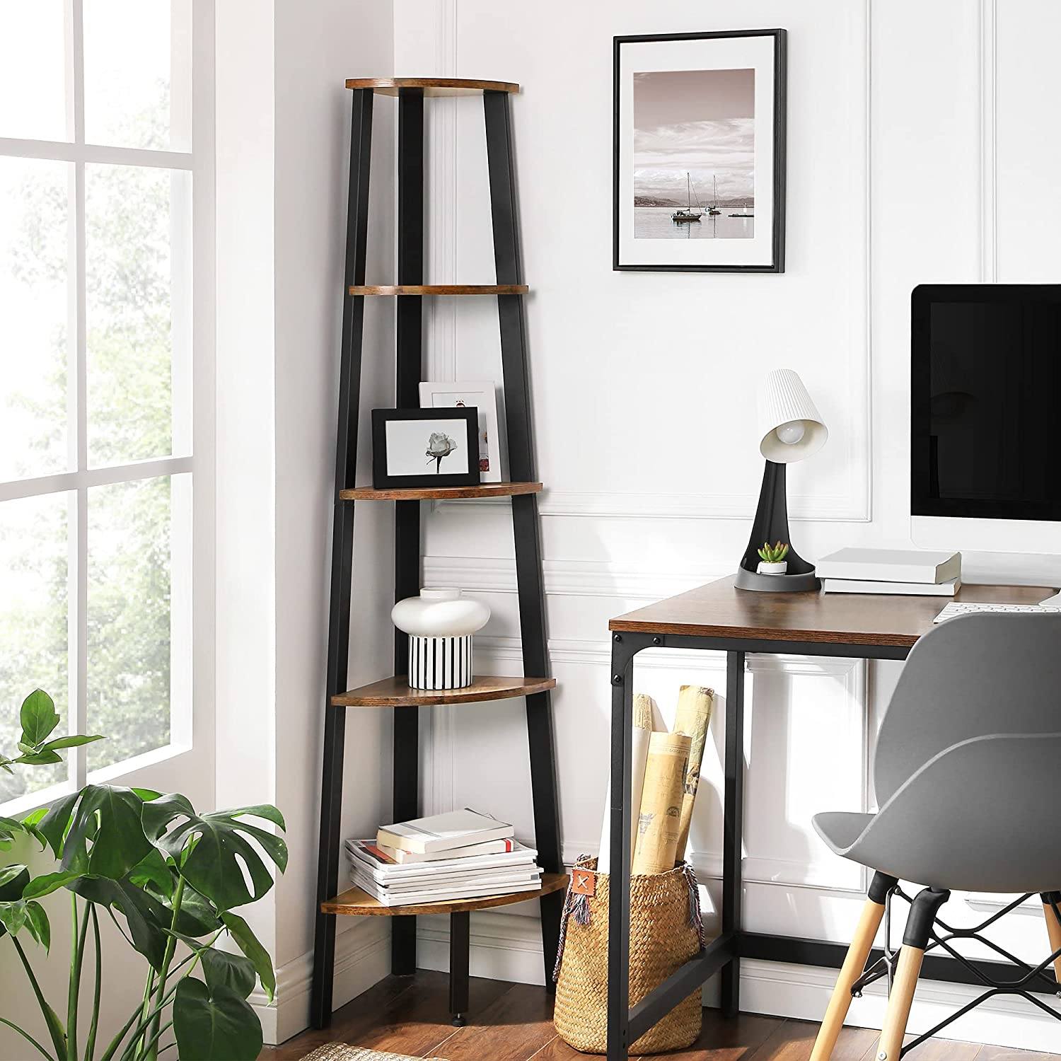 Corner Shelf, 5-Tier Industrial Ladder Bookcase, Storage Rack, with metal Frame, for Living Room, Home, Office, Rustic Brown LLS35X RAW58.dk 
