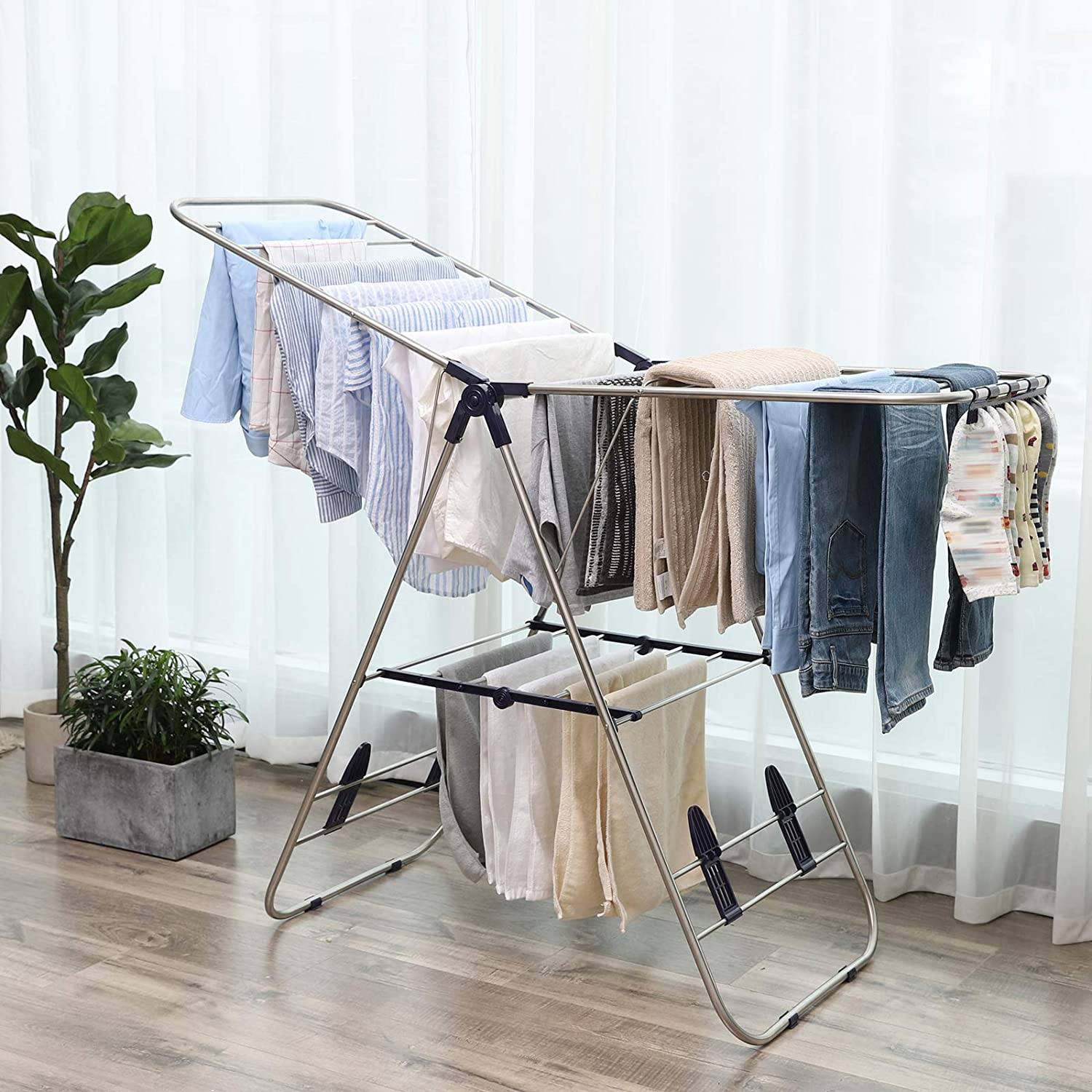 Winged Folding Clothes Airer, 16 Metre Drying Space, Laundry Drying Rack, Multifunctional Air Dryer, Stainless Steel Tubes Silver LLR502 RAW58.dk 