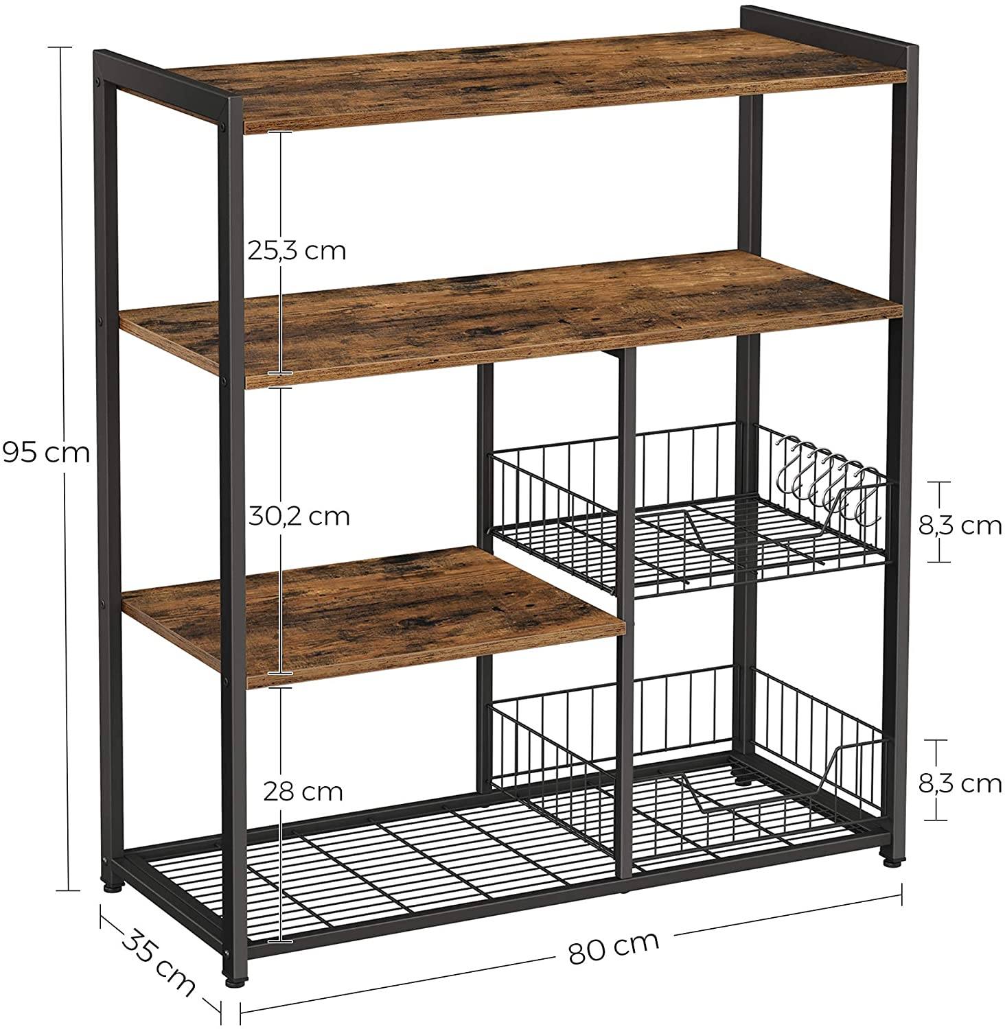 Baker? Rack, Kitchen Island with 2 metal Mesh Baskets, Shelves and Hooks, 80 x 35 x 95 cm, Industrial Style, Rustic Brown KKS96X RAW58.dk 