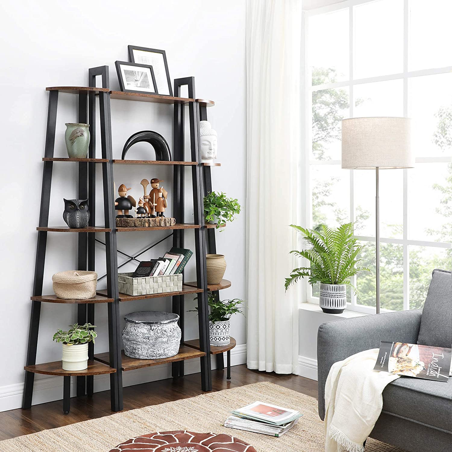 Corner Shelf, 5-Tier Industrial Ladder Bookcase, Storage Rack, with metal Frame, for Living Room, Home, Office, Rustic Brown LLS35X RAW58.dk 