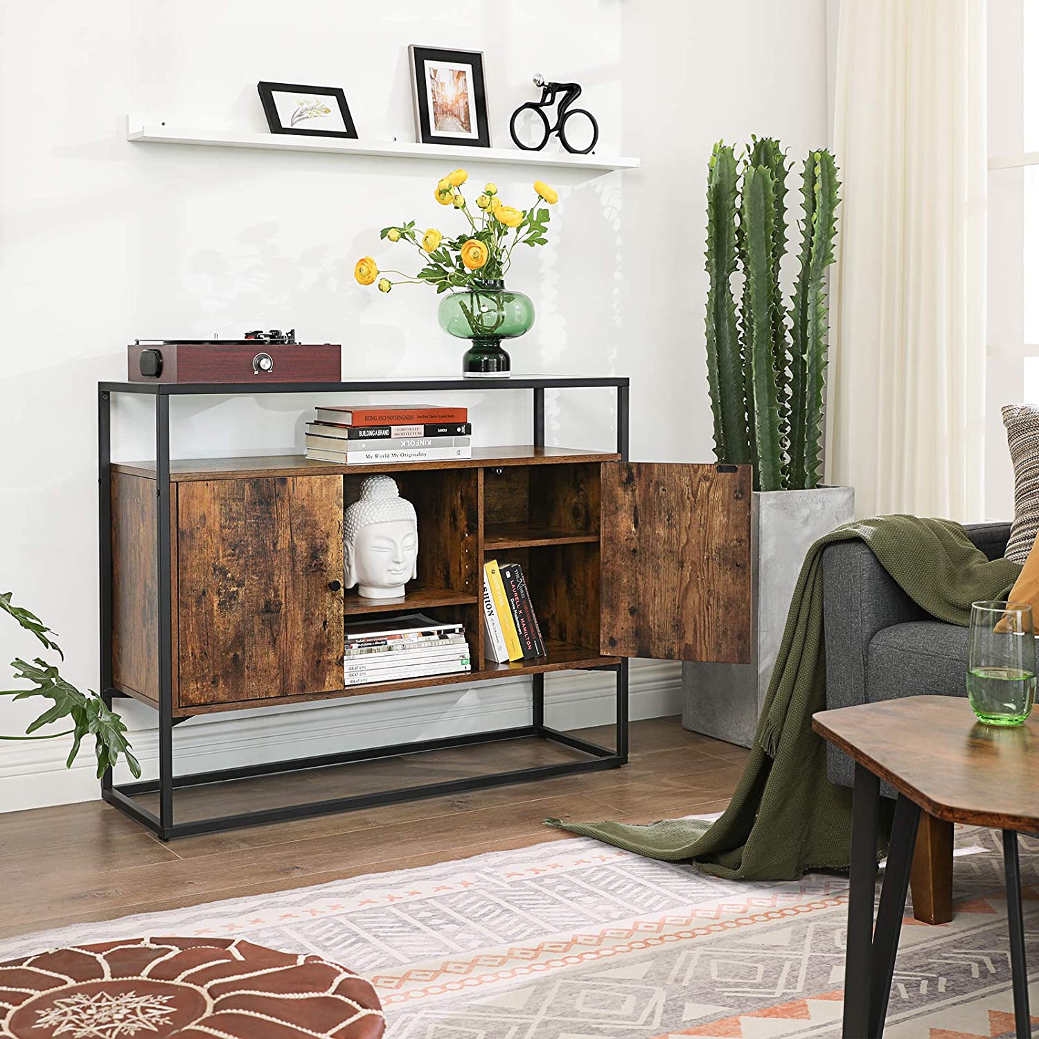 Sideboard, Side Cabinet, Storage Cabinet with Glass Surface and Open Compartments, Living Room, Hallway, Stable Steel Frame, Tempered Glass, Industrial, Rustic Brown and Black LSC014B01 RAW58.dk 