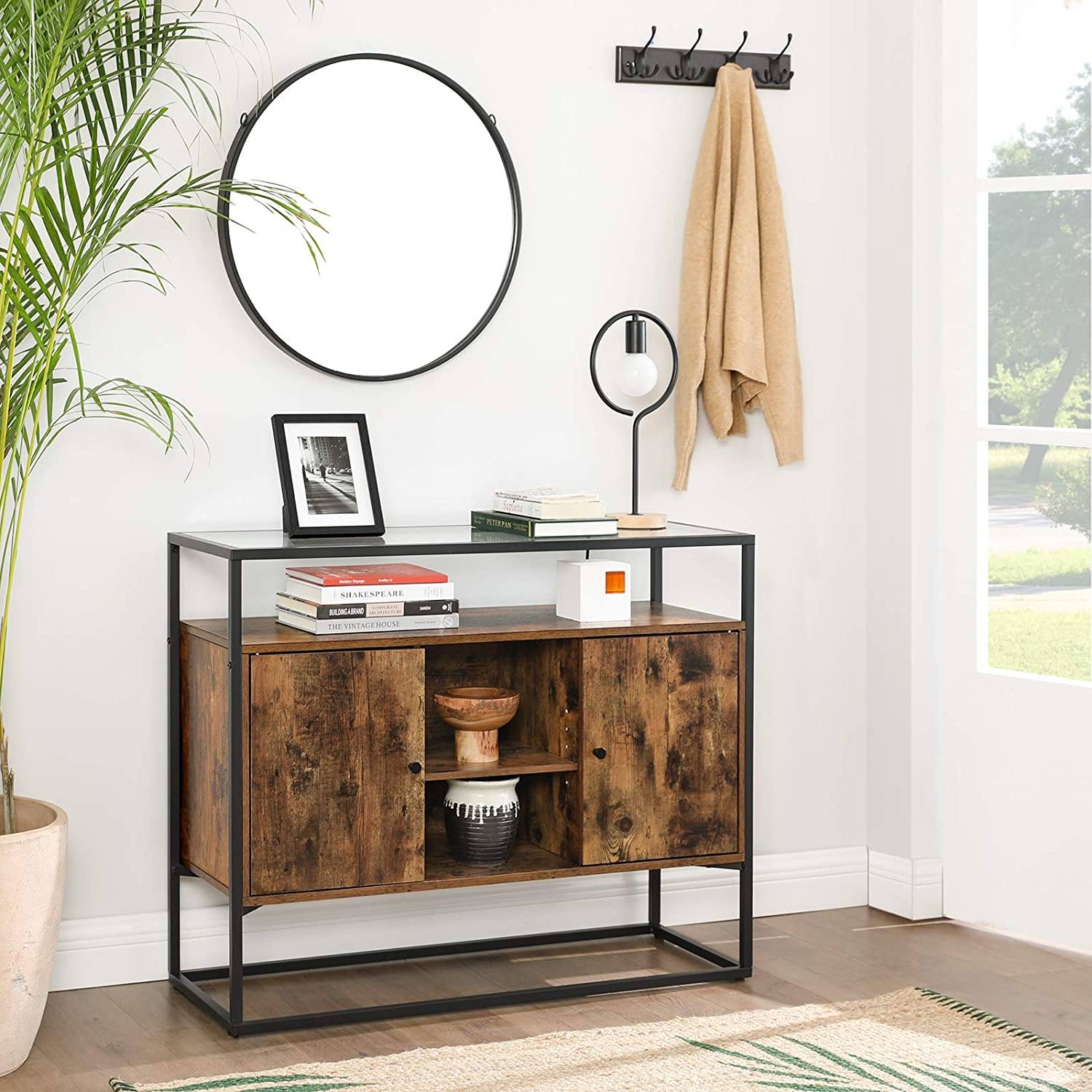 Sideboard, Side Cabinet, Storage Cabinet with Glass Surface and Open Compartments, Living Room, Hallway, Stable Steel Frame, Tempered Glass, Industrial, Rustic Brown and Black LSC014B01 RAW58.dk 