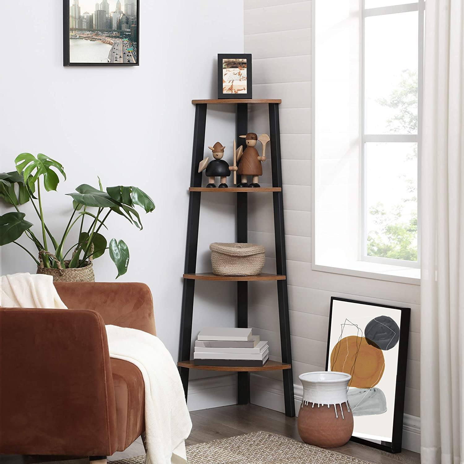 Corner Shelf, 4-Tier Industrial Storage Rack, Ladder Bookcase, Organizer Unit for Home, Living Room, Bedroom, Balcony, Rustic Brown LLS34X RAW58.dk 