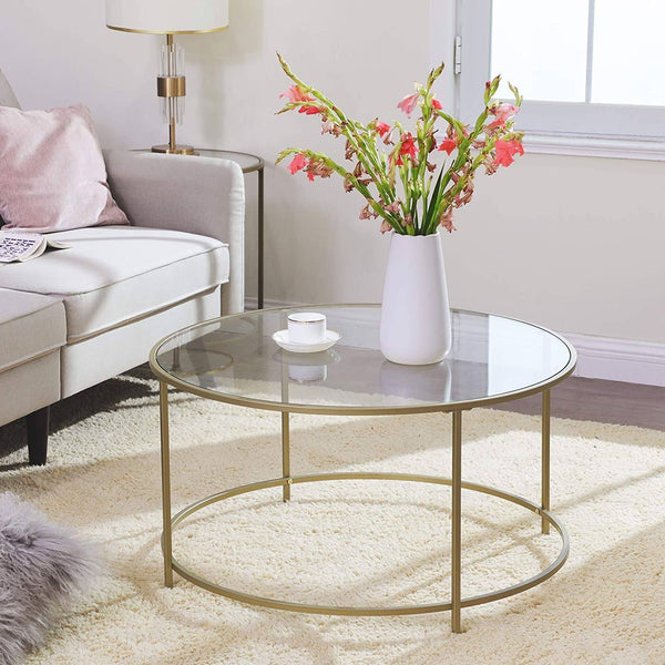Round Coffee Table, Glass Table with Golden Iron Frame, Living Room Table, Sofa Table, Robust Tempered Glass, Stable, Decorative, Gold LGT21G RAW58.dk 