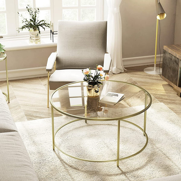 Round Coffee Table, Glass Table with Golden Iron Frame, Living Room Table, Sofa Table, Robust Tempered Glass, Stable, Decorative, Gold LGT21G RAW58.dk 